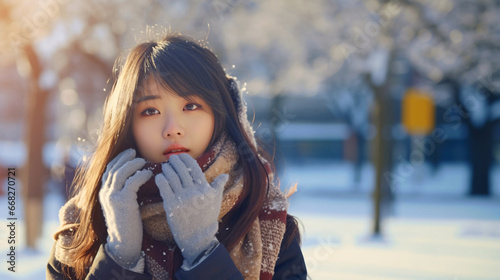 冬と女性、雪景色を背景にした日本人女性