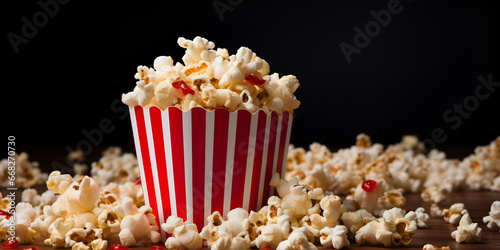 Huge pile of popcorn on cinema floor ,Red striped popcorn bucket isolated,,,, Popcorn Exploding Illustration,,,,,, Flying popcorn kernels and striped box container generative ai
