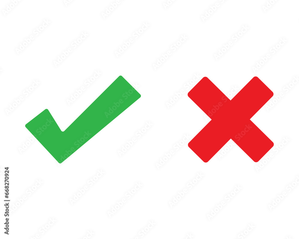 Green and red button. Green check mark and red cross. Isolated flat vector sign symbol. Checkmark icon set. Checkmark right symbol tick sign. Flat vector icon. Test question. EPS 10. Green and red button. Green check mark and red cross. Isolated flat vector sign symbol. Checkmark icon set. Checkmark right symbol tick sign. Flat vector icon. Test question. EPS 10.