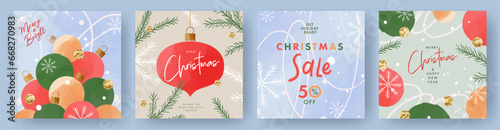 Merry Christmas and Happy New Year greeting card Set. Modern Xmas art doodle design with typography, beautiful Christmas tree and balls, snowflakes pattern. Minimal sale banner, poster, cover template