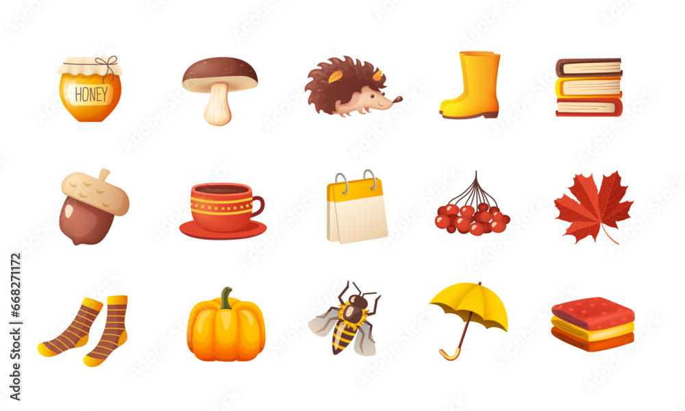 Big set of autumn cliparts. Vector elements isolated on white background.