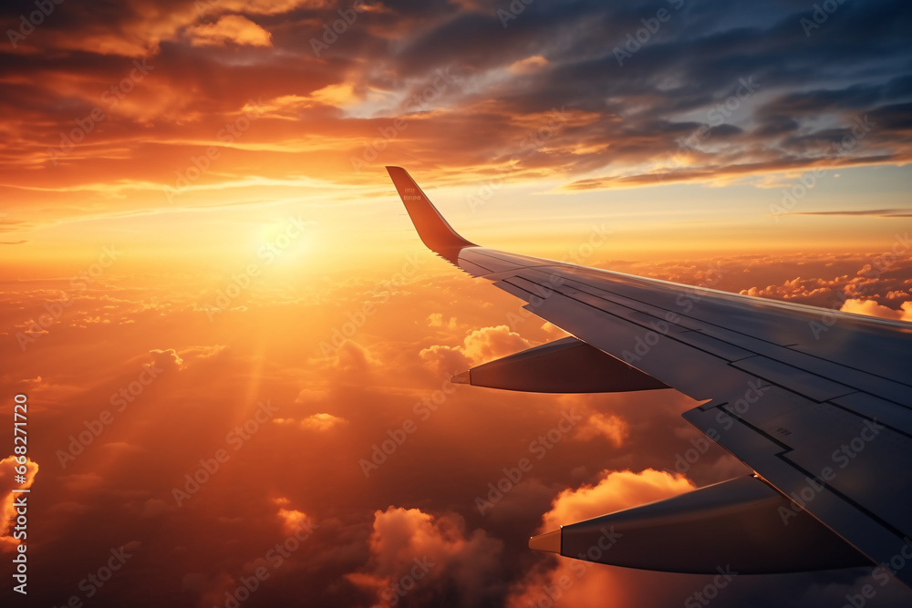 Obraz premium Passenger plane flies in the clouds among the sky. Sunrise. AI generated.