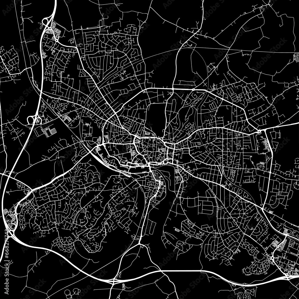 1:1 square aspect ratio vector road map of the city of  Ipswich in the United Kingdom with white roads on a black background.