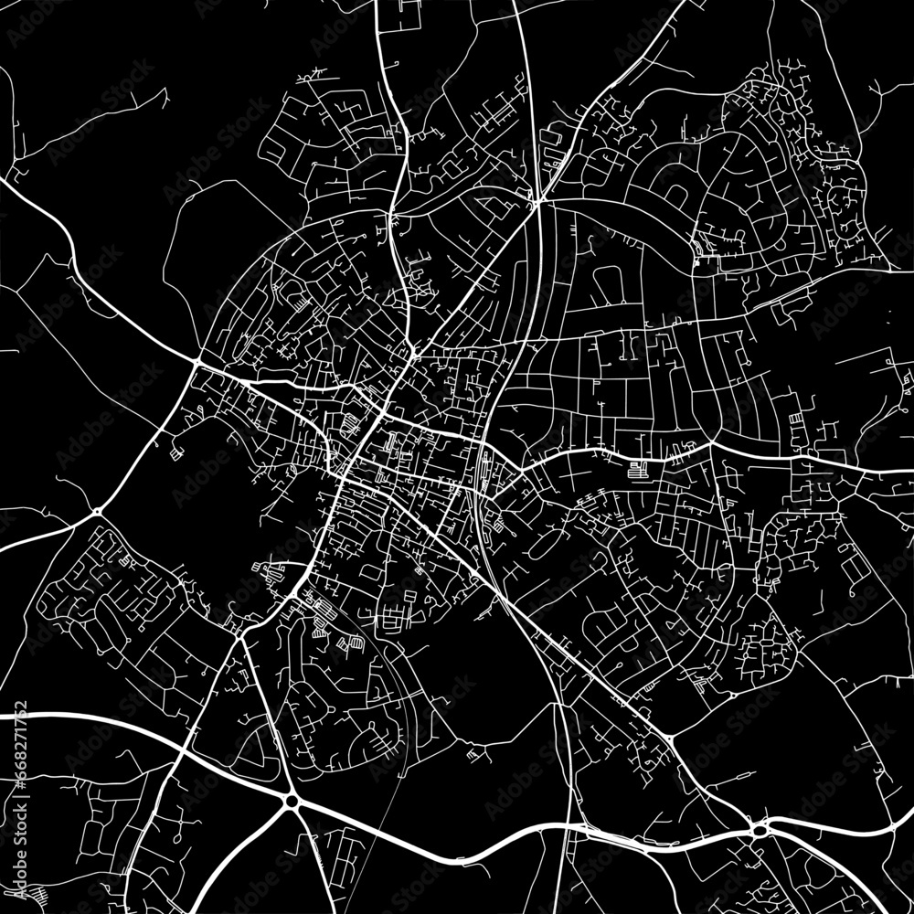 1:1 square aspect ratio vector road map of the city of  St Albans in the United Kingdom with white roads on a black background.