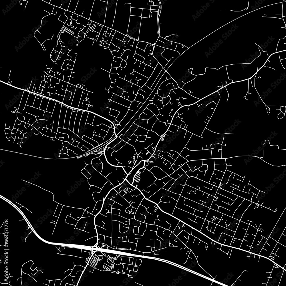 1:1 square aspect ratio vector road map of the city of  Rayleigh in the United Kingdom with white roads on a black background.