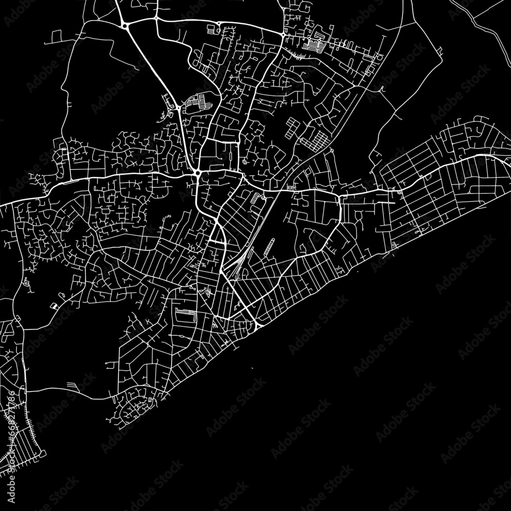 1:1 square aspect ratio vector road map of the city of  Clacton-on-Sea in the United Kingdom with white roads on a black background.