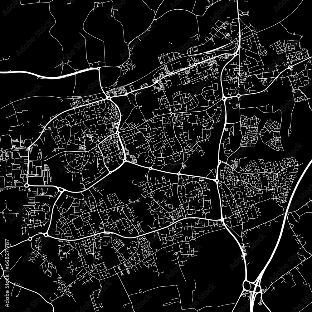 1:1 square aspect ratio vector road map of the city of  Harlow in the United Kingdom with white roads on a black background.