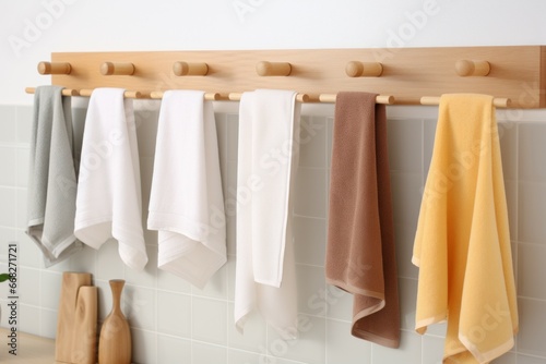 Hygienic Kitchen colorful towels hanging on rack. Cleaning hook. Generate AI © juliars