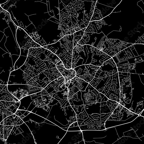 1:1 square aspect ratio vector road map of the city of  Mansfield in the United Kingdom with white roads on a black background.