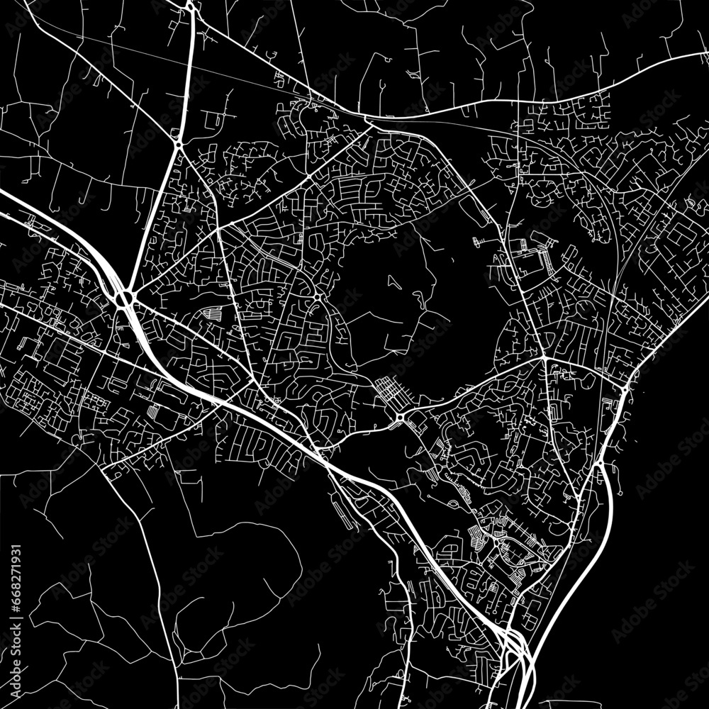 1:1 square aspect ratio vector road map of the city of  Newtownabbey in the United Kingdom with white roads on a black background.