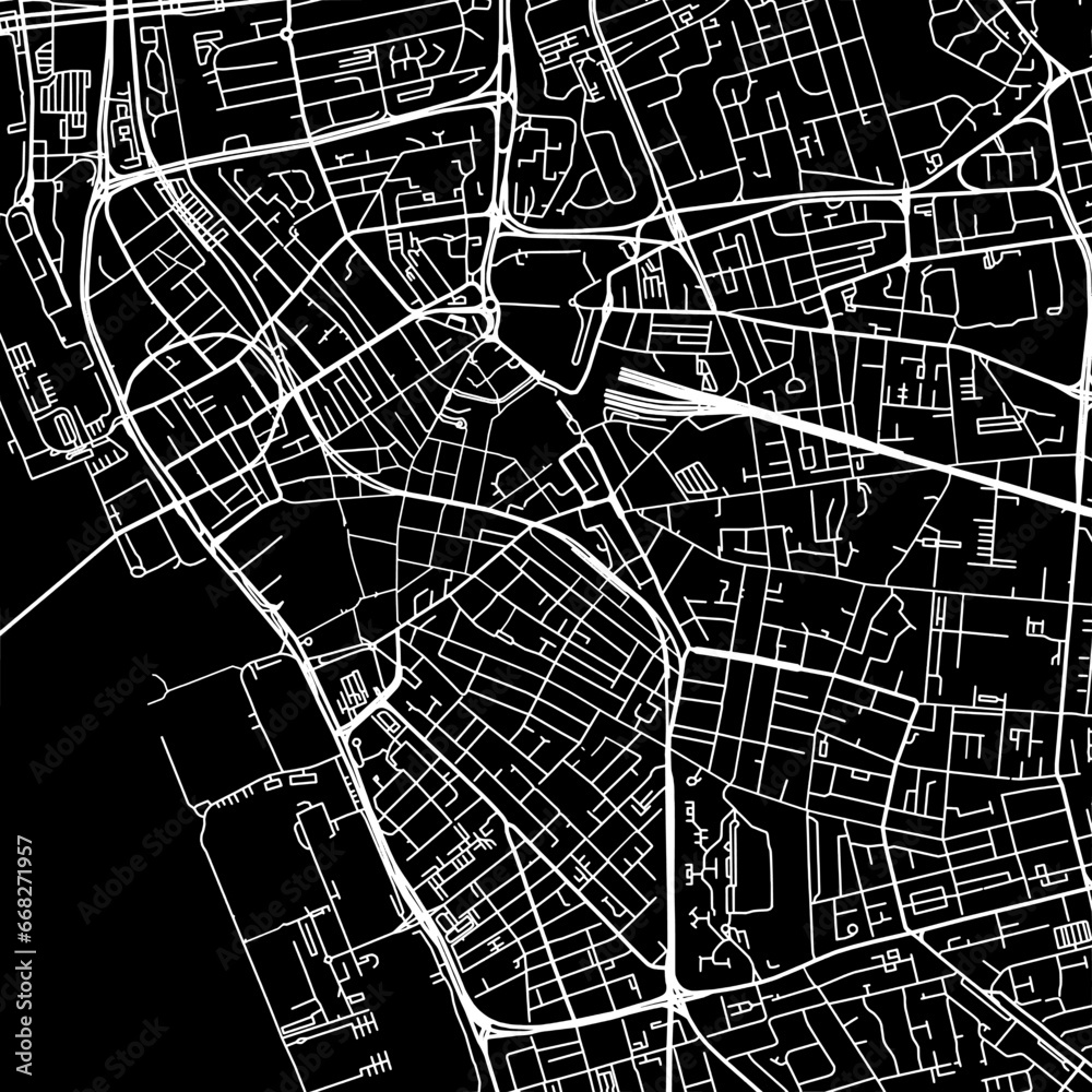 1:1 square aspect ratio vector road map of the city of  Liverpool Center in the United Kingdom with white roads on a black background.