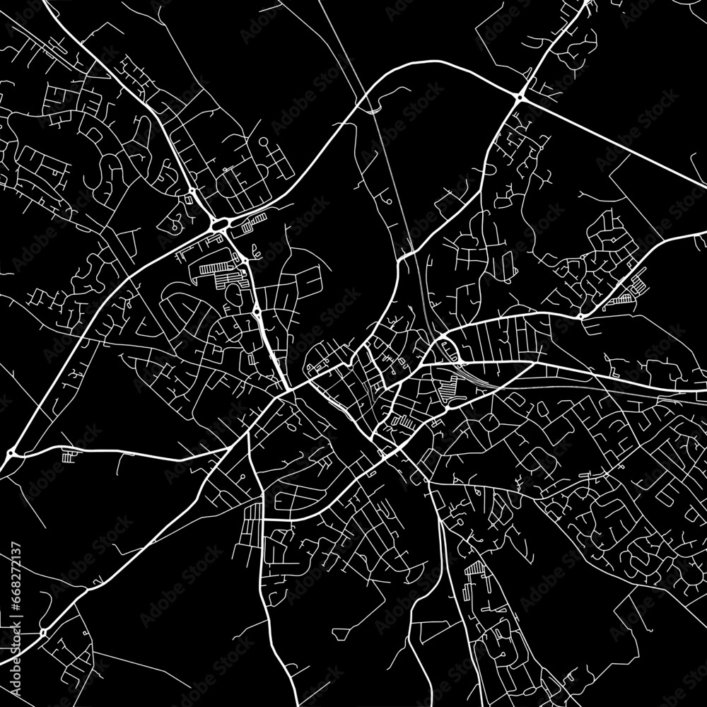 1:1 square aspect ratio vector road map of the city of  Dumfries in the United Kingdom with white roads on a black background.