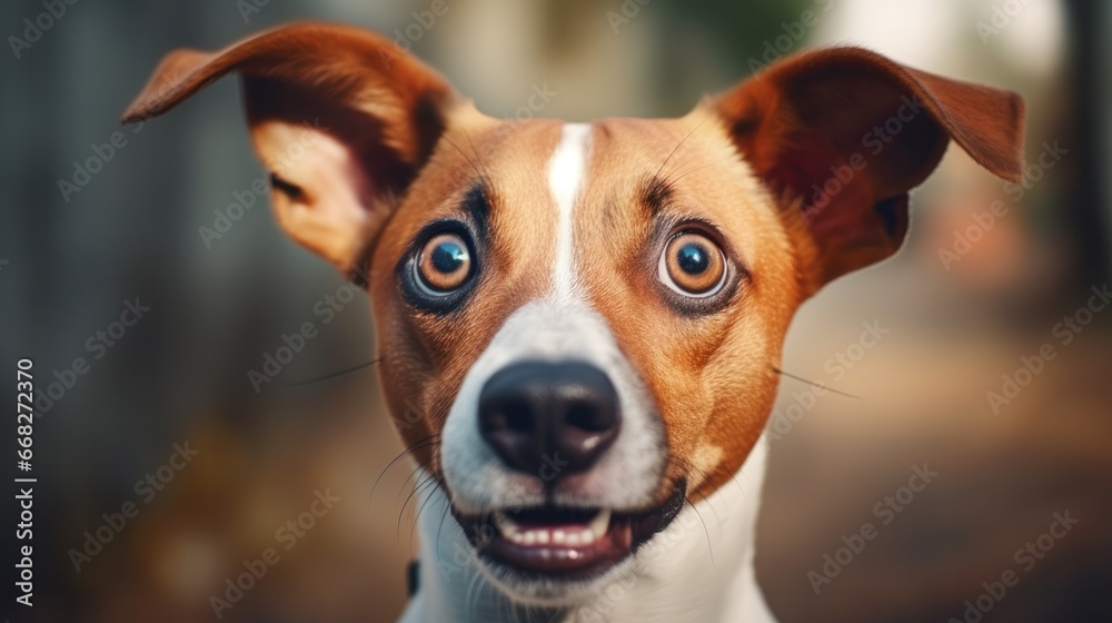 Young crazy surprised dog make big eyes closeup. surprised dog funny face big eyes. Young dog looking surprised and scared. Emotional surprised wide big eye dog at home, high quality photo