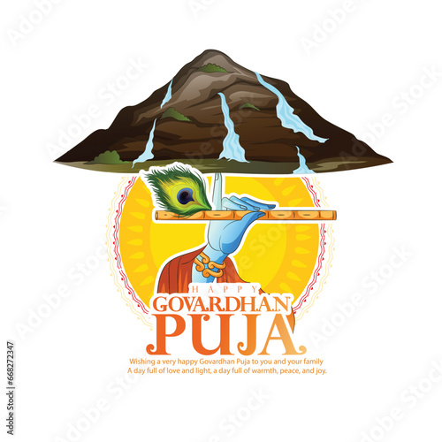 Creative vector poster of Lord Krishna lifting Govardhan mountain on the occasion of Govardhan Puja,Govardhan Puja, also known as Annakut or Annakoot.