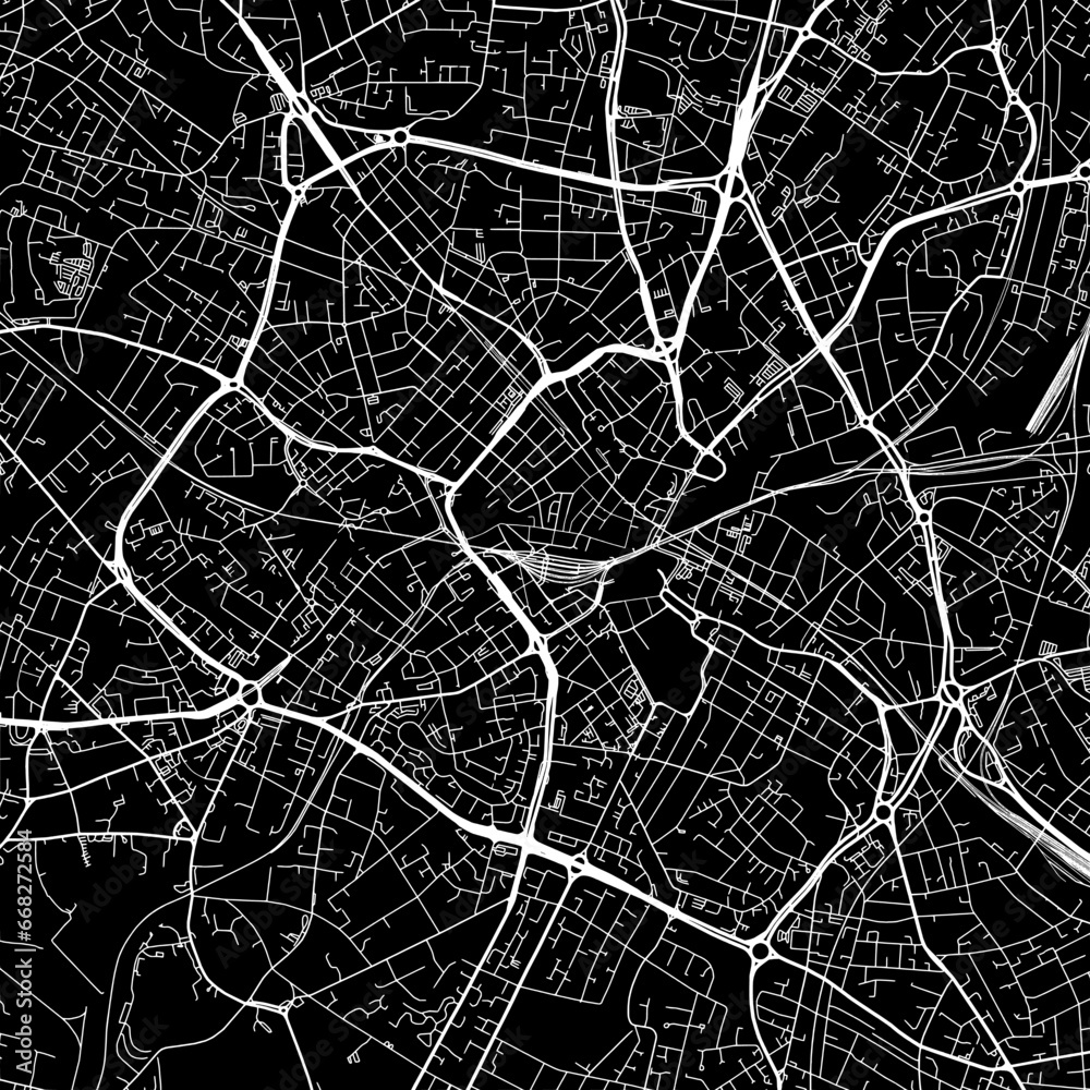 1:1 square aspect ratio vector road map of the city of  Birmingham Center in the United Kingdom with white roads on a black background.