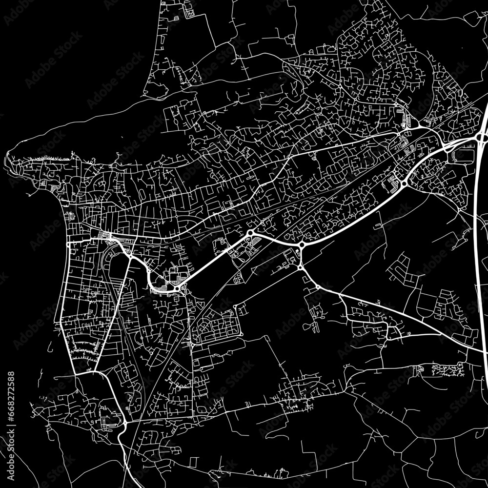1:1 square aspect ratio vector road map of the city of  Weston-super-Mare in the United Kingdom with white roads on a black background.