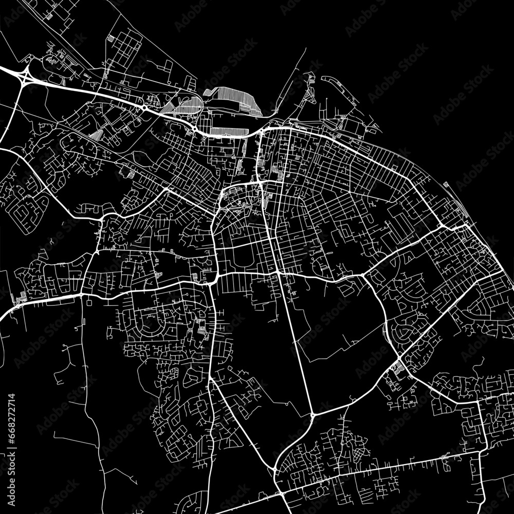 1:1 square aspect ratio vector road map of the city of  Grimsby in the United Kingdom with white roads on a black background.