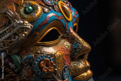 Traditional Purim mask, highlighting the intricate details and vibrant colors.
