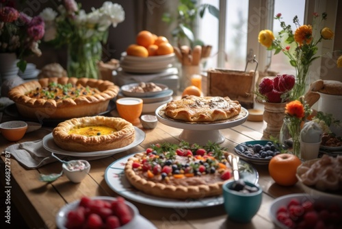 A festive Easter brunch table setting with an assortment of dishes, including quiches, pastries, and fresh fruits.