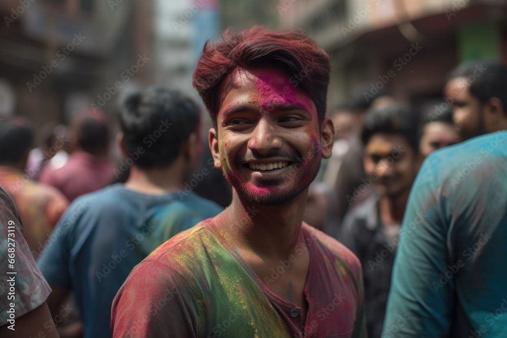 A portrait of a smiling young man at Holi festival. A portrait of a smiling young man at Holi festival.