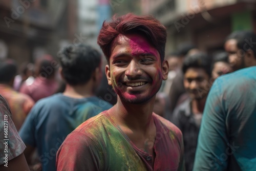 A portrait of a smiling young man at Holi festival.