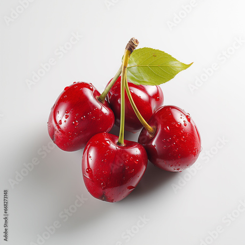 Four cherries placed on a beautiful white background.