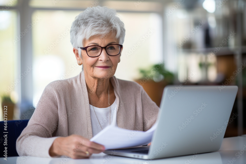 an elderly modern woman uses a laptop and the Internet to solve ordinary life problems an elderly modern woman uses a laptop and the Internet to solve ordinary life problems