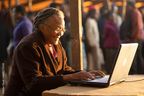 an elderly black woman is being trained to work on a laptop
