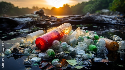 Plastic Bottle Waste Polluting River, Symbolizing the Environmental Damage of Disposable Culture photo