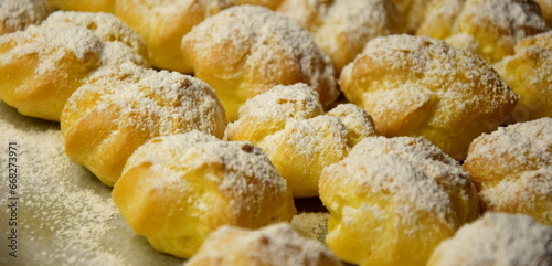Sweet Profiteroles, Cream Puffs with Sugar and Vanilla Cream, Treat and Dessert, Dessert as Dessert, Background