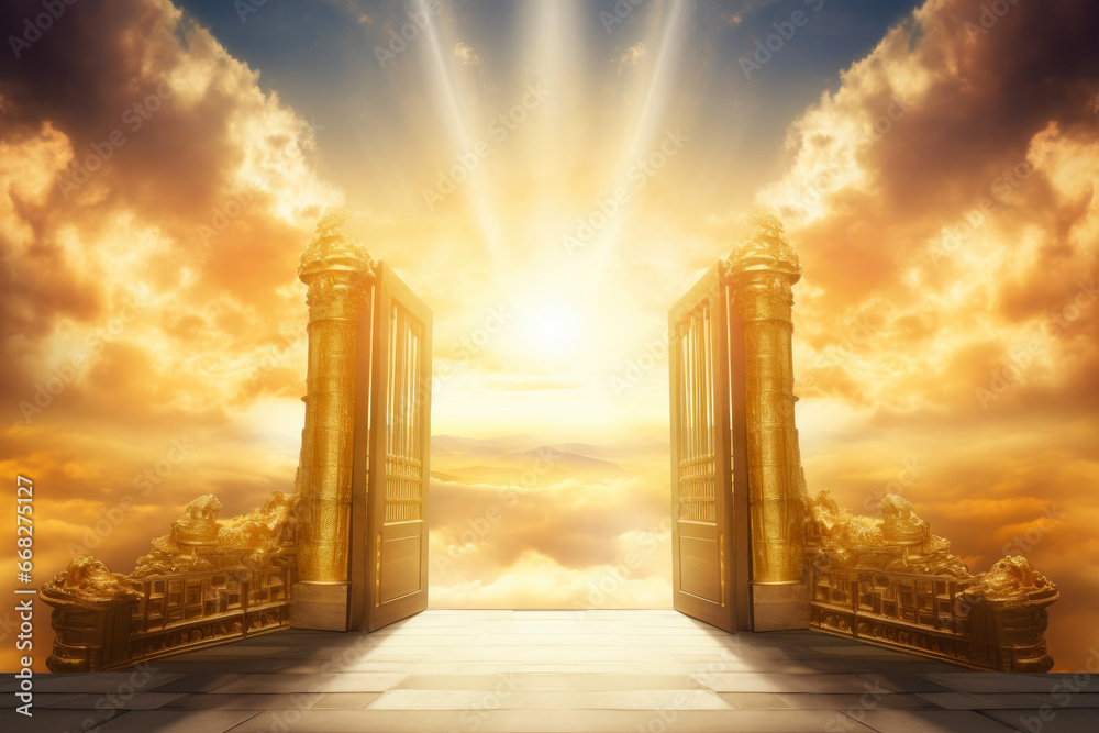Celestial Entrance: Illuminated Path to Paradise - obrazy, fototapety, plakaty 