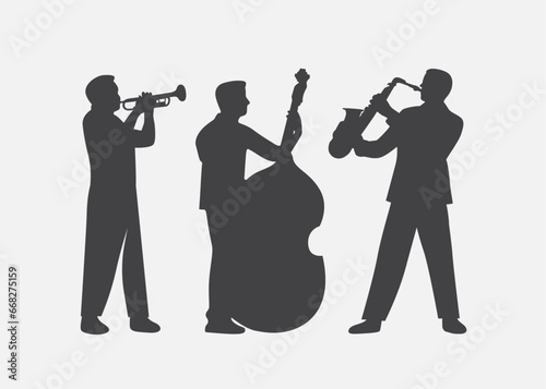 Set of musicians silhouettes in flat style vector. Jazz Orchestra. Live music in vector.	