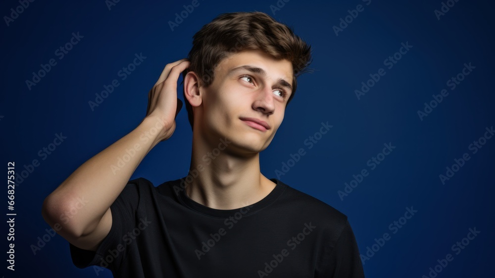 Naklejka premium Close-Up Portrait of a Fictional Handsome & Confident Man in Casual Blank t-Shirt. Isolated on a Plain Colored Background. Generative AI.