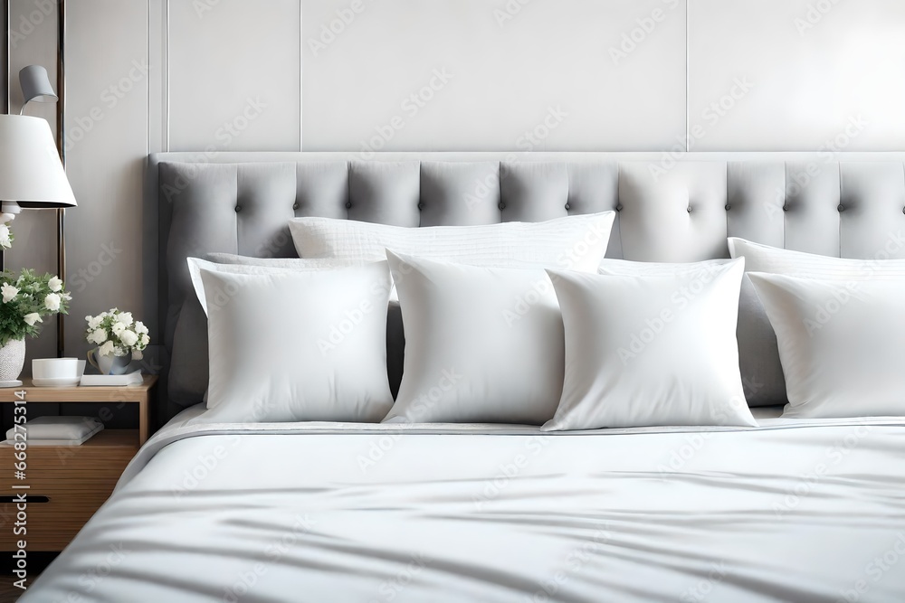 Close up Bed pillow detail element home interior contemporary bedroom with white soft bed pillow arrange bedroom in daylight house beautiful detail design background,ai generate