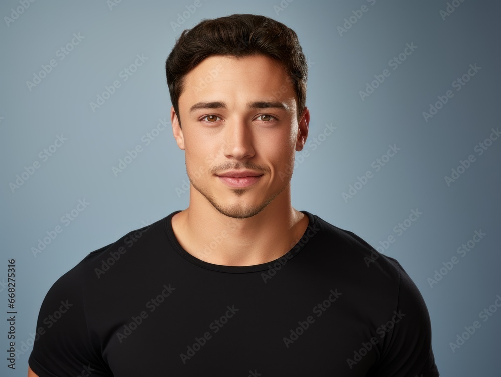 Close-Up Portrait of a Fictional Handsome & Confident Man in Casual Blank t-Shirt. Isolated on a Plain Colored Background. Generative AI.