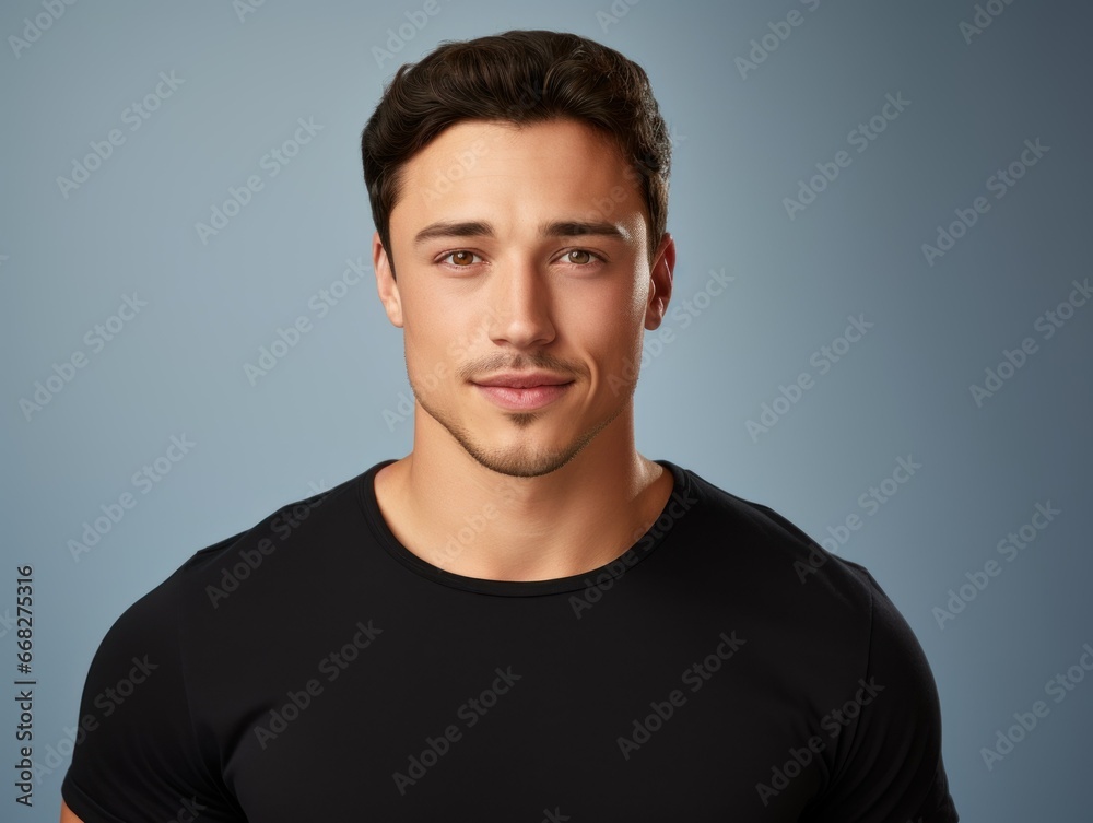 Close-Up Portrait of a Fictional Handsome & Confident Man in Casual Blank t-Shirt. Isolated on a Plain Colored Background. Generative AI. Close-Up Portrait of a Fictional Handsome & Confident Man in Casual Blank t-Shirt. Isolated on a Plain Colored Background. Generative AI.