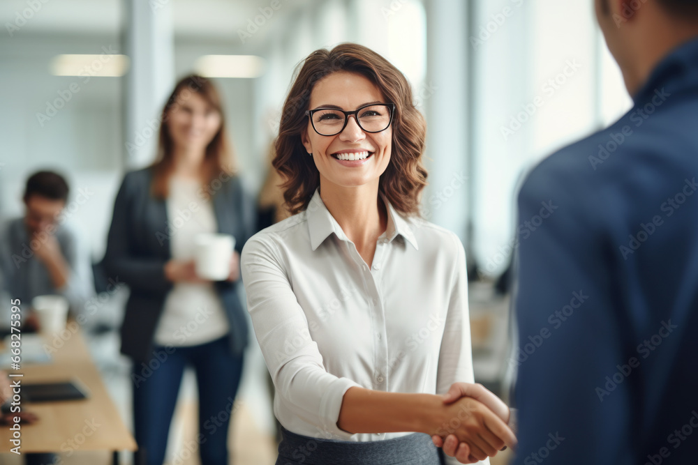 Happy mid aged business woman manager handshaking at office meeting. Smiling female hr hiring recruit at job interview, bank or insurance agent, lawyer making contract deal with client at work. Happy mid aged business woman manager handshaking at office meeting. Smiling female hr hiring recruit at job interview, bank or insurance agent, lawyer making contract deal with client at work.