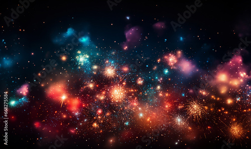 Happy New Year 2024 background. Beautiful holiday web banner Happy New Year 2024 sparklers on festive firework background. Colorful magical firework in the sky.