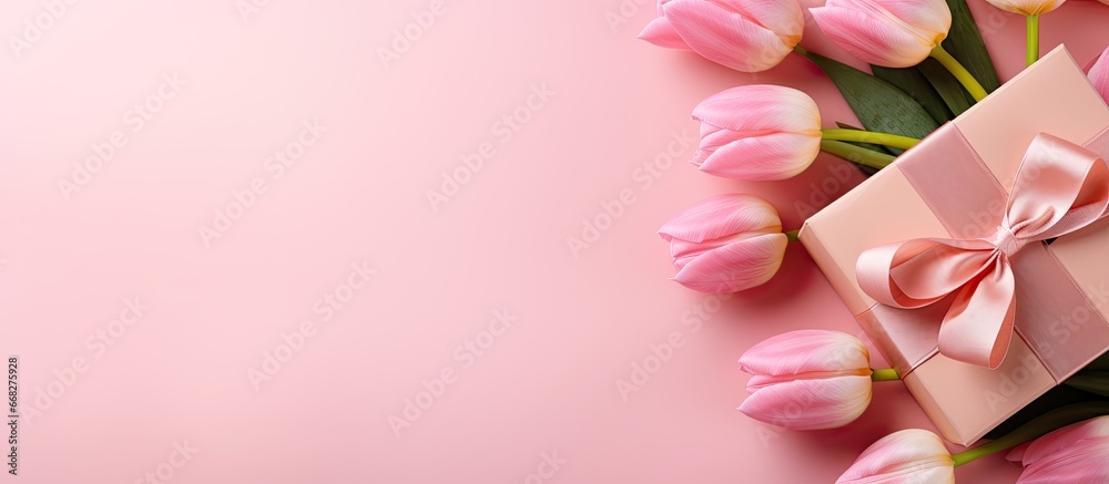 Mothers Day decorations Top view photo of gift boxes tulips and ribbon bows on pastel pink background Copyspace available