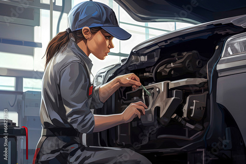 Generative AI illustration of beautiful female mechanic working © Eduardo Lopez