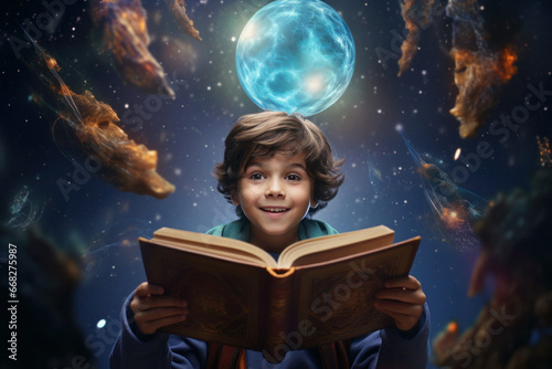 cheerful boy reads literature. magic and imagination from learning. is delighted with the training