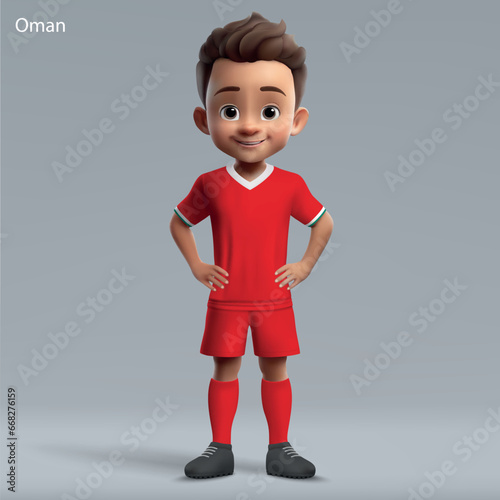 3d cartoon cute young soccer player in Oman national team kit