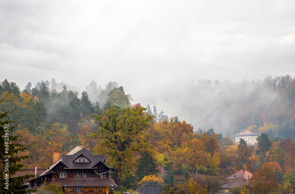 Fototapeta premium Fog over the village after the rain
