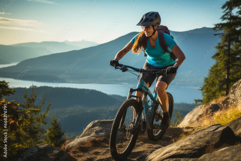 Woman Mountain Biker in Stunning Natural Landscape