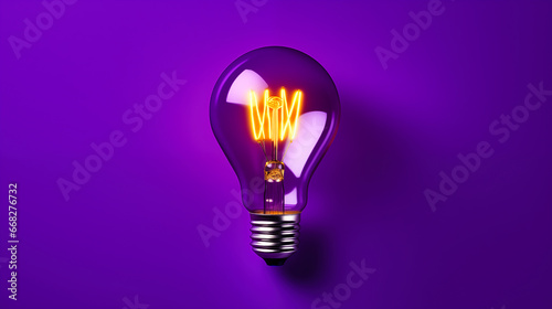 Glowing fluorescent lightbulb on purple background. 