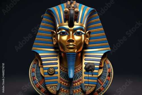 Golden Egyptian king head. Ancient culture. Fictional person. Generate Ai