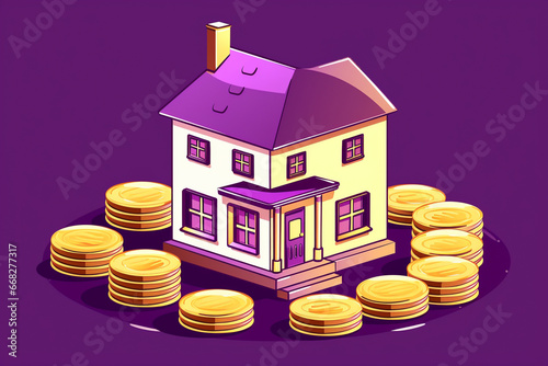 Small white house with big stack of coins around it