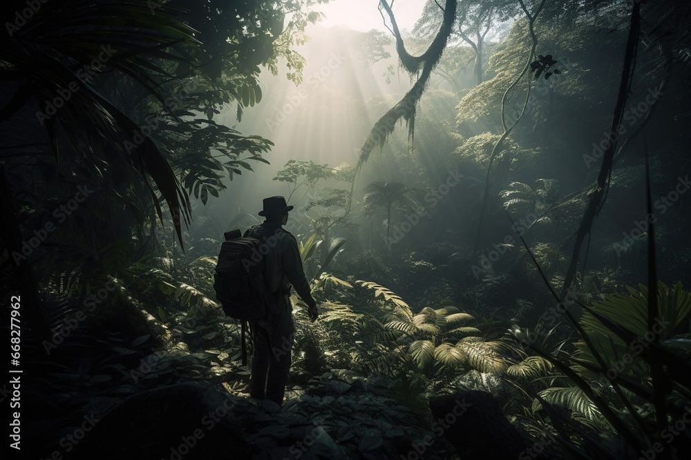 Man explorer in green jungle. Research, science