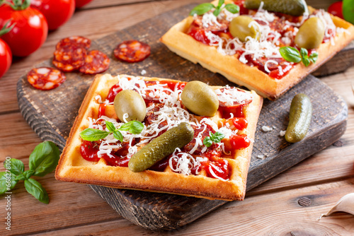 Waffle pizza with tomato sauce, olive, cucumber, sausages and cheese. Trend of the year photo