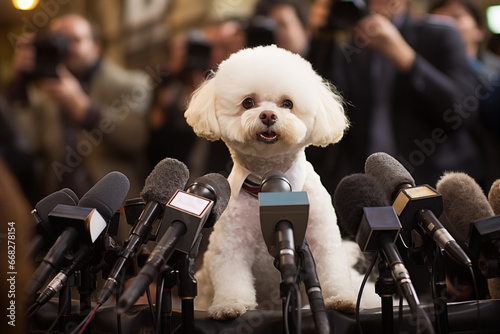 A nervous bichon frise politician in a suit and tie is being interviewed by a group of reporters photo